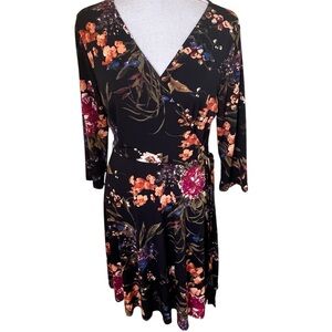 Hail3y:23 Black/Vibrant Mixed Color Floral Charlotte Jersey Faux Wrap Dress L
